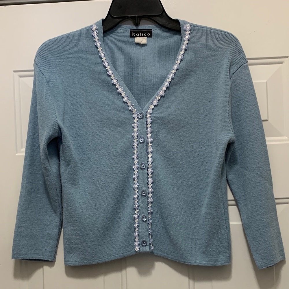 3/$15 Vintage Kalico Sky Blue Sweater Cardigan with Lace Details Size Large